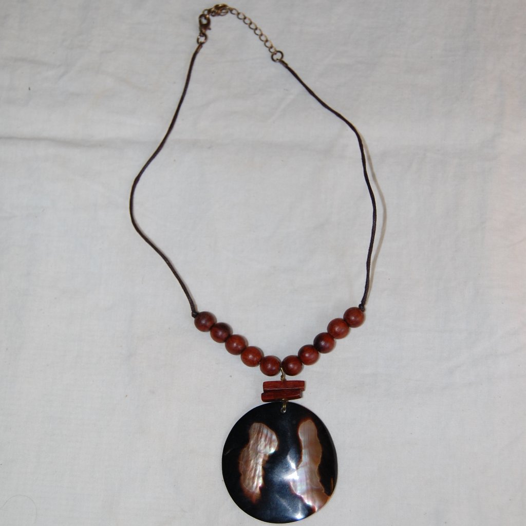 Brown/Silver/Black Abstract Enamel Circular Medallion Necklace With Leather Cord
